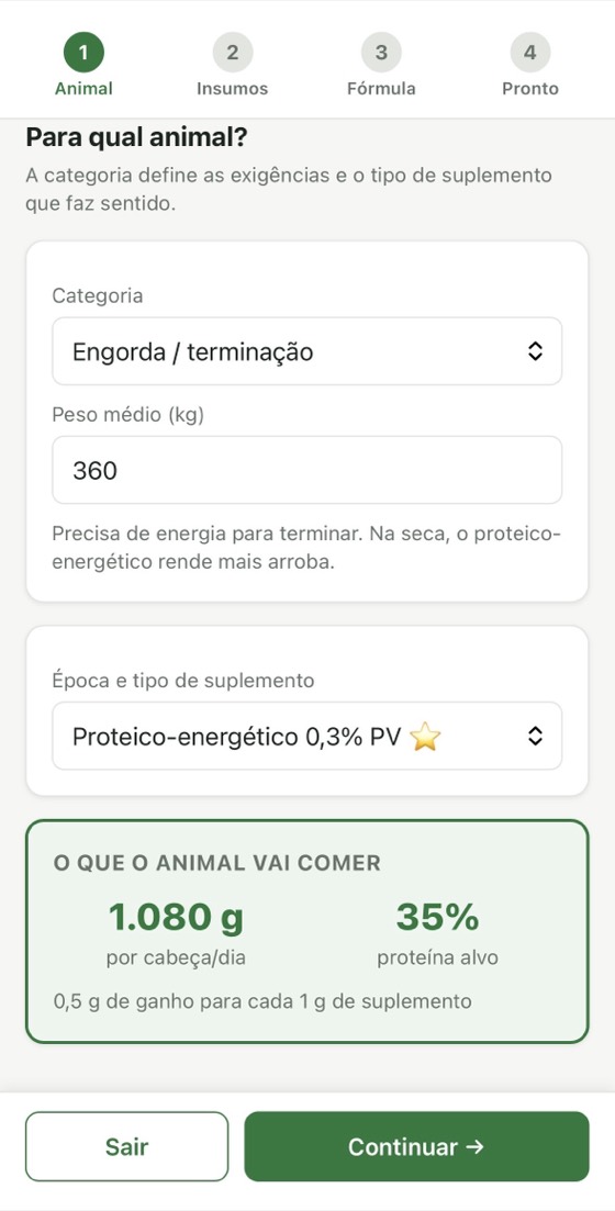 Tela da Calculadora Fórmula do Boi no passo 1, escolhendo a categoria e o peso do animal