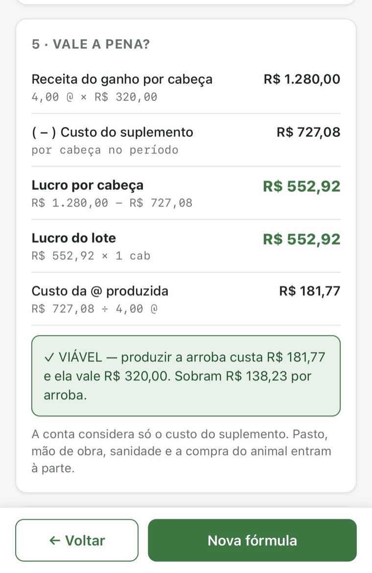 Tela da Calculadora Fórmula do Boi mostrando lucro por cabeça e custo da arroba produzida