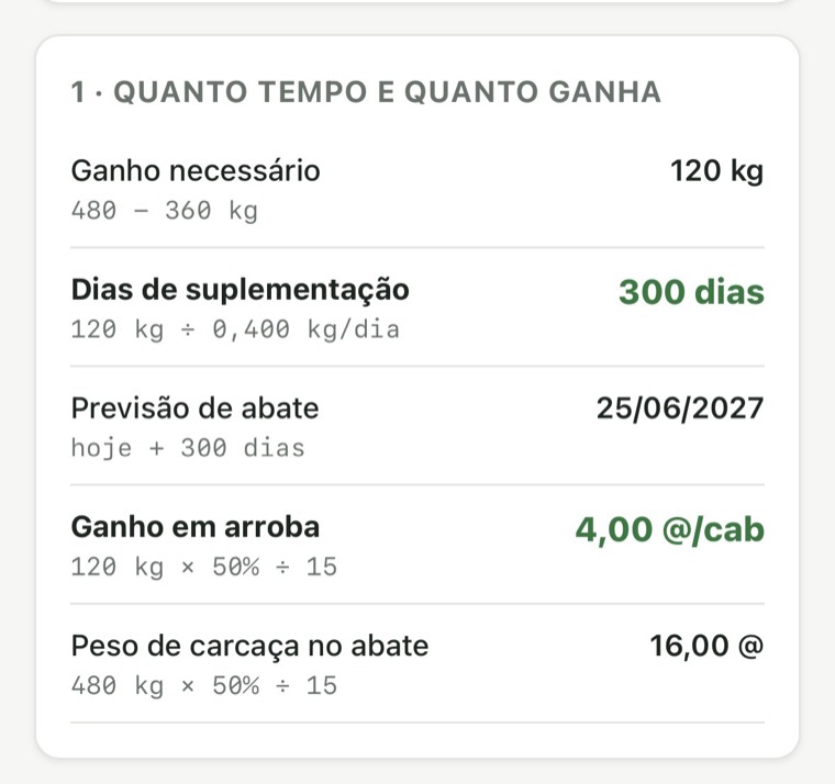 Tela da Calculadora Fórmula do Boi mostrando ganho necessário, dias de suplementação e ganho em arroba, cada um com a conta embaixo